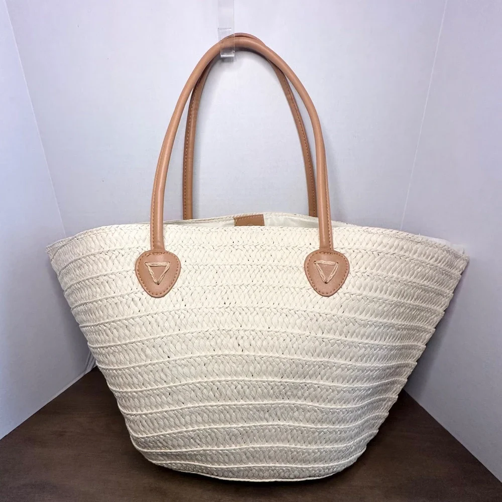 Shiraleah Klo Chicago‎ Straw Tote Bag Pink Pom Pom Beach Summer Shoulder Bag Lg